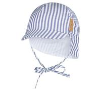 Sterntaler Schirmmütze Nackenschutz gestreift - Leichte Kindermütze aus Baumwoll-Mischgewebe mit Streifen, Ohrenklappen, Gummi, Bindeband und Innenfutter, UV-Schutz 50+ - Meerblau, Größe 45