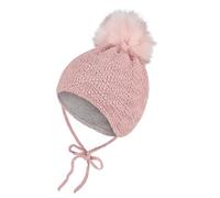 Sterntaler Strickmütze Struktur mit Kunstpelz-Pompon, angeschnittenen Ohrenklappen und Bindebändern - Mädchen - warme Mütze für Baby und Kinder, beerenrosa, Größe 47