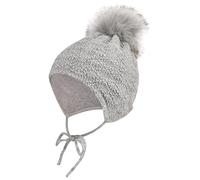 Sterntaler Strickmütze Struktur mit Kunstpelz-Pompon, angeschnittenen Ohrenklappen und Bindebändern - Mädchen - warme Mütze für Baby und Kinder, Silber meliert, Größe 41