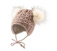 Sterntaler Strickmütze mit Bommeln aus Kunstpelz - Mädchen Mütze mit tollem Strickmuster - Babymütze mit Futter aus weichem Baumwolljersey - Wintermütze mit Ohrenklappen und Bindeband - Sand,45