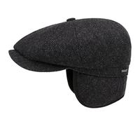 Stetson Hatteras Classic Ear Flaps Flatcap - Schirmmütze aus 100% Wolle - Fischgrätmuster - Wollcap mit Ohrenschutz - Made in The EU - Herren - Herbst/Winter schwarz-grau 63 cm