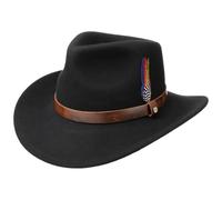 Stetson Oklahoma Wollfilz Westernhut Herren 100% wasserabweisender Filz Asahi Guard ultraleichter knautschbarer Hut mit Feder Lederband Sommer Winter schwarz XL (60-61 cm)