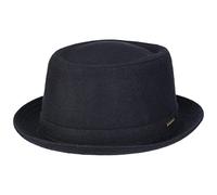 Stetson Wool Pork Pie Hut Herren Damen Made in Italy Fedora mit Schurwolle Baumwollfutter Krempe Herbst Winter dunkelblau 55 cm