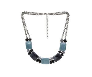 Steuer Modeschmuck Collierkette silberfarben doppelreihig, Zierelemente blau schwarz silber Einheitsgröße