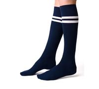 STEVEN Kniestrümpfe Damen I Extra Fein Gekämmter Baumwolle Kniehohe Socken I Lange Universelle Socken I Größe EU35, EU36, EU37 I Marineblau mit Weiß Streifen