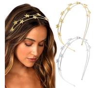 STGDAK 2 Stück Stern-Stirnbänder für Damen, goldfarben, Metall-Haarreifen, silberfarben, Braut-Haarbänder, zweireihig, Hochzeitskrone, Stirnband, Weltraum-Kopfschmuck, Blume, Mädchen, Tiara, modisches