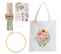 Sticken Set Erwachsene, Mit Blumenmuster Canvas Tasche Stickerei Set, DIY Canvas Tasche Stickset Handgefertigte Taschen, Stickset mit Stickrahmen und Anleitung, Kreuzstich Embroidery Tote Bag, Weiß