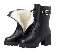 Stiefel Damen Leder Springerstiefel Plüsch Warmer Winterstiefel Halbstiefel Schnüren Reißverschluss Motorradstiefel Klassisch Schnürsenkel Strapazierfähige Boot Gefüttert Kurzschaft Damenstiefel