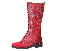 Stiefel Damen,Winterstiefel Damen mit Absatz Niederung Langschaft Hohe Stiefel Blumen Bestickt Kniehoch Boots Leder Elegant Lang Cowboystiefel Casual Retro Damenstiefel Winterschuhe Elegant