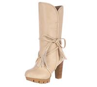 Stiefel Frauen Winterstiefel Damen Hohe Stiefel Schuhe Frauen Winter High Heel Stiefel Bogen Warme Plüschabsätze Winter (37,Beige)