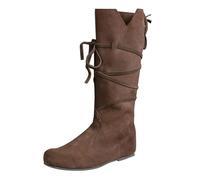 Stiefel für Damen, mittelalterlich, Übergröße, Wildleder, flache Stiefel für Damen, weite Passform, Schnürung, Vintage, runde Zehenpartie, mittelalterlich, braun, leicht, rutschfest, warm