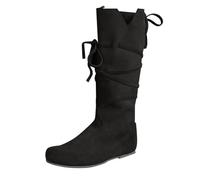 Stiefel für Damen, mittelalterlich, Übergröße, Wildleder, flache Stiefel für Damen, weite Passform, Schnürung, Vintage, runde Zehenpartie, mittelalterlich, braun, leicht, rutschfest, warm