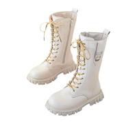 Stiefel Mädchen mit Fleece Gefüttert, Boots Mädchen Langschaft Leder Reitstiefel mit Seitlichem Reißverschluss Schnürstiefel Elegant Stiefeletten Rutschfest Schuhe Warm Herbststiefel Winterstiefel