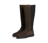 Stiefel TOMMY HILFIGER "ENAMEL FLAG SUEDE HIGH CHELSEA", Damen, Gr. 39, Normalschaft, braun (dunkelbraun), Elastischer Einsatz, Veloursleder, unifarben, Schuhe Stiefel, Blockabsatz, Langschaftstiefel