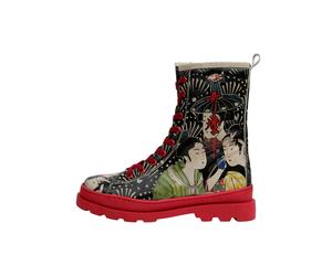 Stiefelette DOGO "Gisele Schnürstiefel Boots Let's Find A Place To Get Lost Damen", Damen, Gr. 38, Normalschaft, schwarz (schwarz, beige), Lederimitat, Schuhe Stiefelette, Handgefertigt (55708569-38)