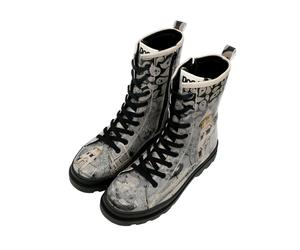 Stiefelette DOGO "Gisele Schnürstiefel Boots Spooky Town Damen Stiefeletten", Damen, Gr. 40, Normalschaft, schwarz-weiß (grau), Lederimitat, Schuhe Stiefelette, Handgefertigt (35932228-40) grau