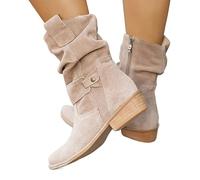 Stiefeletten Damen, Halbhohe Stiefel Damen Flache Wildleder Cowboystiefel mit Schnalle Elegant Halbhoch Langschaft Hohe Stiefel Cowboy Boots Lang Stiefeletten Winterschuhe Damenstiefel