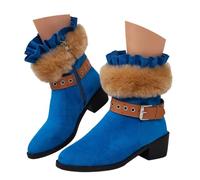 Stiefeletten mit Zierbesatz, seitlichem Reißverschluss, dekorativem Schnallenriemen, Rüschenkragen und niedrigem Absatz - Winterstiefeletten