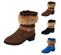 Stiefeletten mit Zierbesatz, seitlichem Reißverschluss, dekorativem Schnallenriemen, Rüschenkragen und niedrigem Absatz - Winterstiefeletten