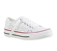 stiefelparadies Damen Sneakers Sport Sneaker Low Denim Stoff Blumen Camouflage Schuhe 135342 Weiss Agueda 36 Flandell