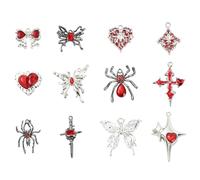 Stiesy 24 Stück 12 Stile Gothic Charms Emaille Kreuz Schmetterling Spinne Charms Bulk Rote Herz Diamanten Strass Anhänger für Punk Schmuckherstellung Handwerk Armbänder Halsketten DIY