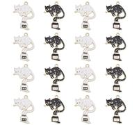 Stiesy 30 Stück 2 Farben Magic Ink Katzen-Charm-Anhänger Emaille Schwarz Weiß Katzen-Charm Niedliche Kätzchen Tier Baummel-Charms für DIY Bastelarbeiten Geschenke Schmuckherstellung