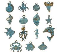 Stiesy 60 Stück 15 Stil Vintage Ozean Tier Charms Bronze Grün Patina Anhänger Charm Antik Meer Seestern Muschel Krabbe Charms für Schmuckherstellung Armband Basteln