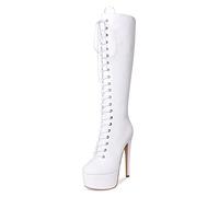 Stiletto High Boots, Sexy, Damen Knielange Stiefel Mit Rundem Zehenverschluss Und Seitlichem Reißverschluss, Damen-Schnürstiefel Aus Lackleder (Color : Weiß, Size : 42 EU)