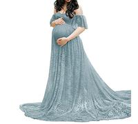 Still-Nachthemd Umstandskleid aus Spitze für Damen mit kurzen Ärmeln, langes Kleid, Fotografie, Kleid mit fliegenden Ärmeln Hochzeitskleid Schwanger (Light Blue, L)