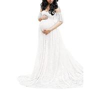 Still-Nachthemd Umstandskleid aus Spitze für Damen mit kurzen Ärmeln, langes Kleid, Fotografie, Kleid mit fliegenden Ärmeln Hochzeitskleid Schwanger (White, XL)