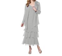 Stillluxury Knielanges Chiffon-Kleid für die Brautmutter mit langen Ärmeln, Jacke, Spitze, Übergröße, Silberfarben B, 44