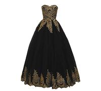 Stillluxury Quinceanera Ballkleid aus Tüll, goldfarbene Applikationen, süßes 16-teiliges Ballkleid, Prinzessinnenkleid, lang, für Damen, Quc14, Schwarz , 42