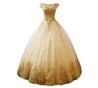 Stillluxury Tüll Quinceanera Ballkleid Gold Applikationen Sweet 16 Prom Prinzessin Kleider Lang Frauen Quc14, Champagner C, 34