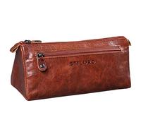 STILORD 'Alexis' Vintage Leder Etui Stiftemappe mit 2 Fächern und Reißverschluss Federtasche Federmäppchen Schlampermäppchen Echtes Leder, Farbe:Brandy - braun