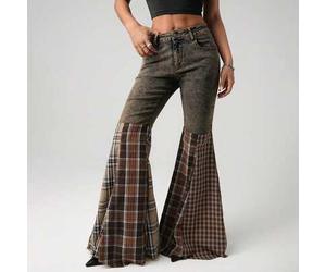 Stilvolle Damen Destroyed Denim Schlagjeans mit kariertem Patchwork, lange Lässig Hose für einen eleganten Party-Look, mit Knopf-, Taschen- und Reißve