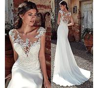 Stilvolle Einfachheit Hochzeitskleid Gentle Soft Satin Mermaid Stilvolle Einfachheit Hochzeitskleid Lace Applique Sheer Bridal Gown Stilvolle Einfachheit Hochzeitskleider für die Braut, L-F, Elfenb
