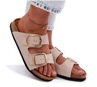 Stilvolle und bequeme Damen Sommer Wildleder Sandalen mit Korksohle, konturierter Innensohle und großen goldenen Schnallen LeeCooper LCW-26-35-4454L B