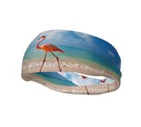 Stilvolles Sport-Stirnband mit pinkem Flamingo-Motiv "Walking on The Beach", geeignet für Laufen, Fitness und Wandern