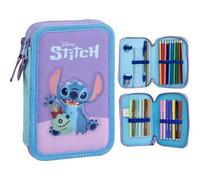 Stitch Federmäppchen mit Filzstiften, Bleistiften und Kugelschreibern, dreifaches Federmäppchen für Kinder mit Disney-Design, Stitch, 12.5x19.5x4.5 cm, Lizenzprodukt