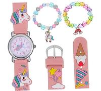 STOBOK Armbanduhr für Mädchen Quarzuhr Armband Satz mit Rosa Silikon Uhrenarmband Einhorn und Herz Anhänger Kunststoff Perlenarmbänder Genau Auffällig als Geschenk für Geburtstag