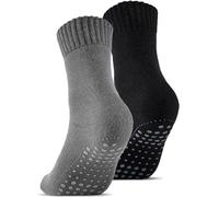 Stoeury 2 Paar ABS Socken mit Wolle Herren Damen, Anti Rutsch Wollsocken aus Volle-Frottee, Rutschfeste Stoppersocken, Warme Haussocken, Valentinstag für Ihn Sie,Schwarz und Dunkelgrau,35-38
