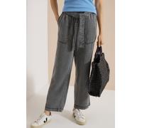 Stoffhose CECIL "Style Neele", Damen, Gr. XXL (46), Länge 28, grau (mid grau random wash), Web, Obermaterial: 100% Lyocell, loose fit lang, Hosen Stoffhose, Elastikbund, weites Bein, mit Bindegürtel (