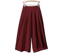Stoffhose Damen, Culottes Hose Weites Bein Hosenrock Solide Halbelastische Taille Baumwolle Leinen Cropped Hose Elegante Palazzohose Lässige Leichte Luftige Sommerhose Schlaghose,Burgunderrot,L