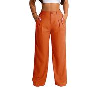 Stoffhose Damen, Damen-Hose Aus Baumwollleinen Mit Weitem Bein Modisch Einfarbig Mit Reißverschluss Vorne Palazzo-Hose Mit Hoher Taille Sommer Elegant Lässig Bürohose Hose Mit Geradem Bein Orange M