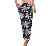 Stoffhose Damen Elegant Palazzo Hose Damen Weite Hose Damen Elegant Elastische Taille Blumen Bedruckt Caprihose Mit Taschen Loose Fit Boho Hose Straight Leg Haremshose Weiße Hose Damen (Grün, Xxl)