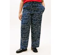 Stoffhose TOMMY HILFIGER CURVE "CRV ESS LINEN PULL ON PANTS", Damen, Gr. 50, N-Gr, blau (flag feathers schwarz night navy), Web, Obermaterial: 100% Leinen, bedruckt, weit normal, Hosen Stoffhose, in g