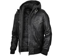 Storemm Herren-Lederjacke, echte Motorradjacke, modische Herrenjacke mit abnehmbarer Kapuze, Lederjacke für Herren., Schwarz, XL