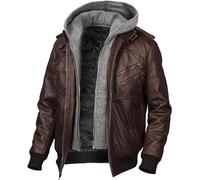 Storemm Herren-Lederjacke, echte Motorradjacke, modische Herrenjacke mit abnehmbarer Kapuze, Lederjacke für Herren., Kaffeebraun + Grau (Kapuze), L