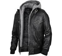 Storemm Herren-Lederjacke, echte Motorradjacke, modische Herrenjacke mit abnehmbarer Kapuze, Lederjacke für Herren., Schwarz + Grau (Kapuze), XL