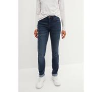 Straight-Jeans BONPRIX "Straight Jeans Mid Waist, Stretch", Damen, Gr. 38, K-Gr, blau (dunkelblau used (länge: kurz)), Denim/Jeans, Obermaterial: 82% Baumwolle, 17% Polyester, 1% Elasthan, regular fit